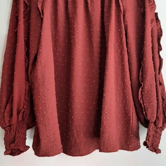 MAX STUDIO / Swiss Dot Textured Boho Ruffle Sleeve Blouse Rust Brown Sz XL - Picture 3 of 13